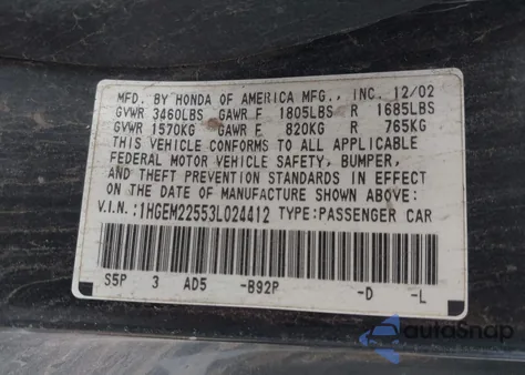 2003 Honda Civic Lx from USA, damaged, VIN 1HGEM22553L024412